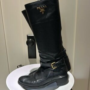 Prada, tall black boots. Size 38.5 black Calf- skin. Gold hardware.￼